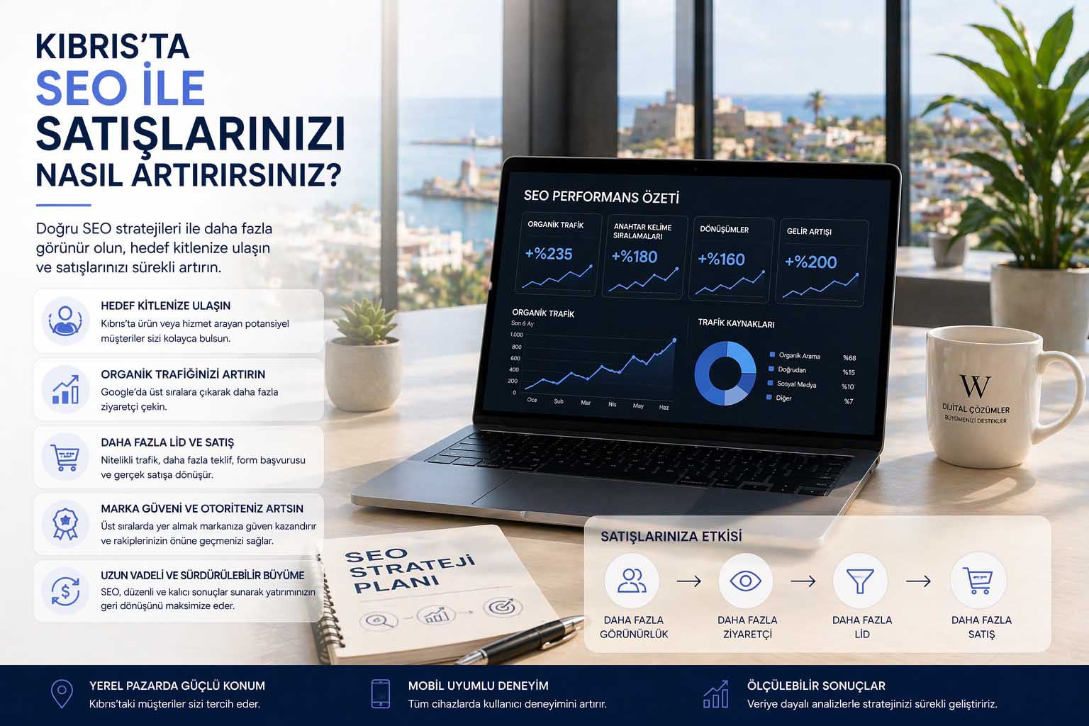 Kıbrıs'ta SEO sonrası organik trafik ve satış artış grafiği.
Lefkoşa ve Girne yerel SEO aramalarında Google işletme profili görünürlüğü.