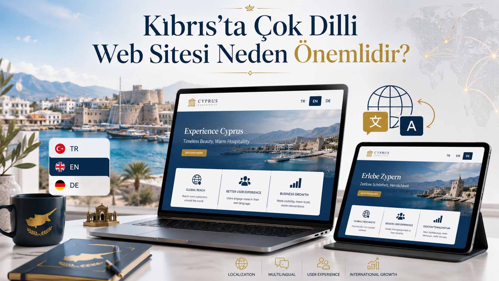 Çok dilli web sitesi dil seçenekleri - İngilizce, Rusça, Türkçe